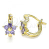 Oro Laminado Small Hoop, Gold Filled Style Flower Design, with Amethyst Cubic Zirconia, Polished, Golden Finish, 02.210.0502.3.10