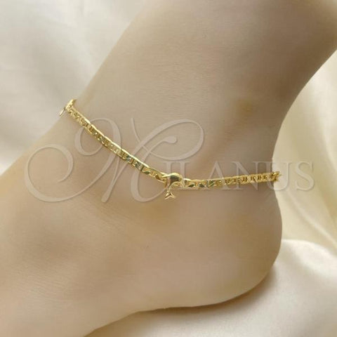 Oro Laminado Fancy Anklet, Gold Filled Style Mariner and Dolphin Design, Polished, Golden Finish, 03.32.0621.10