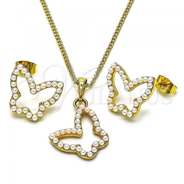 Oro Laminado Earring and Pendant Adult Set, Gold Filled Style Butterfly Design, with Ivory Pearl, Polished, Golden Finish, 10.379.0061