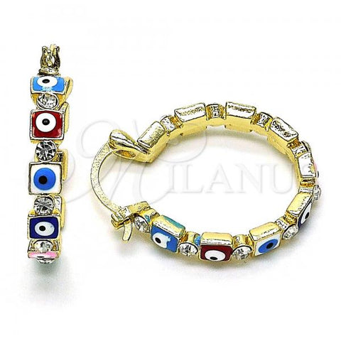 Oro Laminado Small Hoop, Gold Filled Style Evil Eye Design, with White Crystal, Multicolor Enamel Finish, Golden Finish, 02.213.0365.1.25