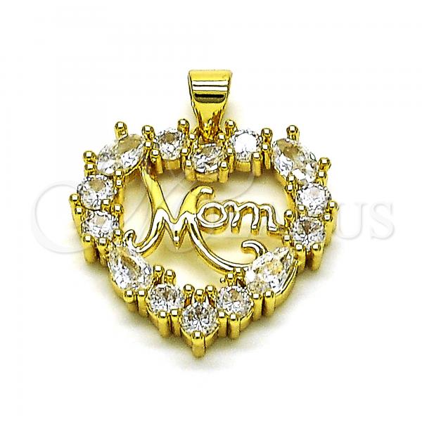 Oro Laminado Fancy Pendant, Gold Filled Style Heart and Mom Design, with White Cubic Zirconia, Polished, Golden Finish, 05.341.0064