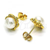 Oro Laminado Stud Earring, Gold Filled Style with Ivory Pearl and White Micro Pave, Polished, Golden Finish, 02.342.0245