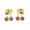 Oro Laminado Stud Earring, Gold Filled Style Cherry Design, with Ruby and Green Micro Pave, Polished, Golden Finish, 02.310.0047