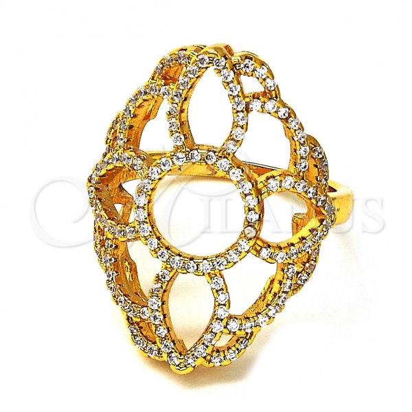 Oro Laminado Multi Stone Ring, Gold Filled Style Flower Design, with White Crystal, Polished, Golden Finish, 01.118.0016.09 (Size 9)