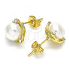 Oro Laminado Stud Earring, Gold Filled Style with Ivory Pearl and White Crystal, Polished, Golden Finish, 02.379.0008
