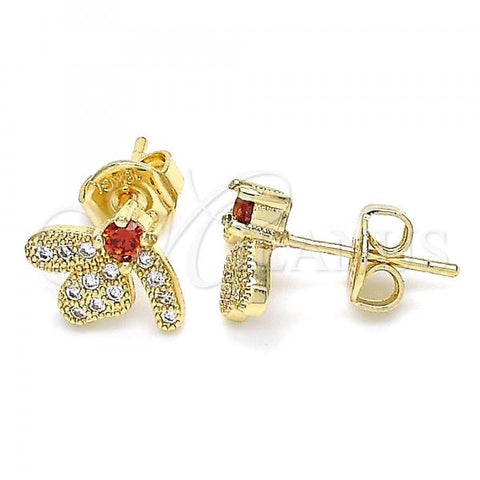 Oro Laminado Stud Earring, Gold Filled Style Dragon-Fly Design, with Garnet Cubic Zirconia and White Micro Pave, Polished, Golden Finish, 02.199.0028.1