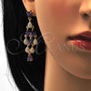 Oro Laminado Long Earring, Gold Filled Style Teardrop Design, with Dark Amethyst and White Cubic Zirconia, Polished, Golden Finish, 02.206.0046