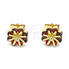 Oro Laminado Stud Earring, Gold Filled Style Flower Design, with Garnet Cubic Zirconia, Polished, Golden Finish, 02.346.0012