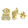 Oro Laminado Stud Earring, Gold Filled Style Teddy Bear Design, with White Micro Pave, Polished, Golden Finish, 02.210.0403