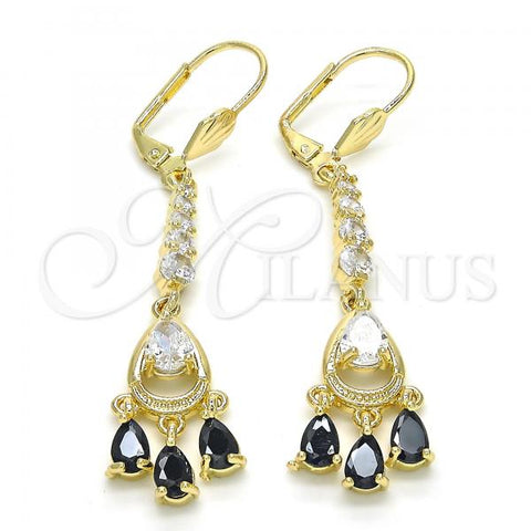 Oro Laminado Long Earring, Gold Filled Style Teardrop Design, with Black and White Cubic Zirconia, Polished, Golden Finish, 02.210.0213.2 `