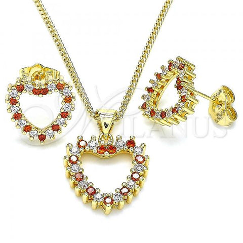 Oro Laminado Earring and Pendant Adult Set, Gold Filled Style Heart Design, with Garnet and White Cubic Zirconia, Polished, Golden Finish, 10.156.0307.1