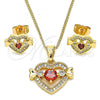 Oro Laminado Earring and Pendant Adult Set, Gold Filled Style Heart Design, with Garnet and White Cubic Zirconia, Polished, Golden Finish, 10.210.0119