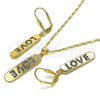 Oro Laminado Earring and Pendant Adult Set, Gold Filled Style Nameplate and Love Design, with Green Micro Pave, Polished, Golden Finish, 10.196.0072.1