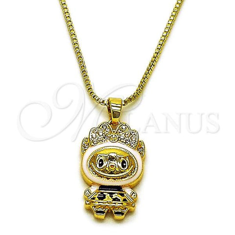 Oro Laminado Pendant Necklace, Gold Filled Style Box and Bow Design, with White Cubic Zirconia, White Enamel Finish, Golden Finish, 04.156.0468.1.18