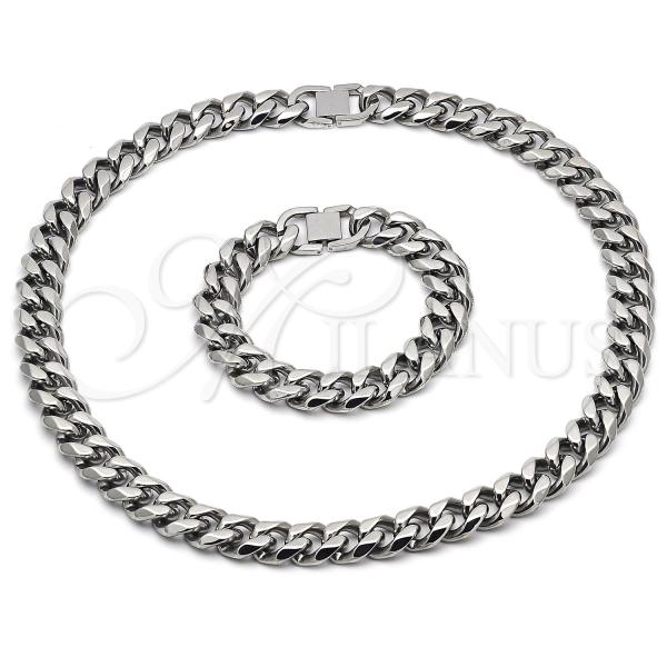 Stainless Steel Necklace and Bracelet, Miami Cuban Design, Polished, Steel Finish, 06.116.0056
