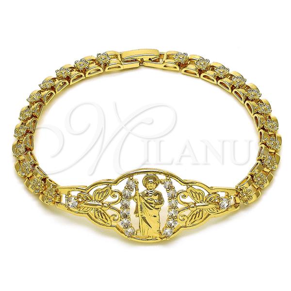 Oro Laminado Fancy Bracelet, Gold Filled Style San Judas and Butterfly Design, with White Cubic Zirconia, Polished, Golden Finish, 03.283.0412.07