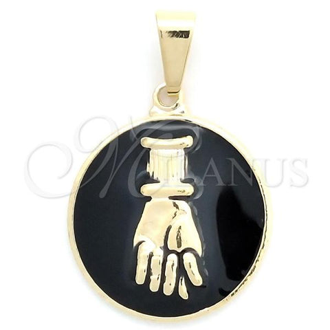 Oro Laminado Fancy Pendant, Gold Filled Style Hand of God Design, Black Enamel Finish, Golden Finish, 05.32.0092