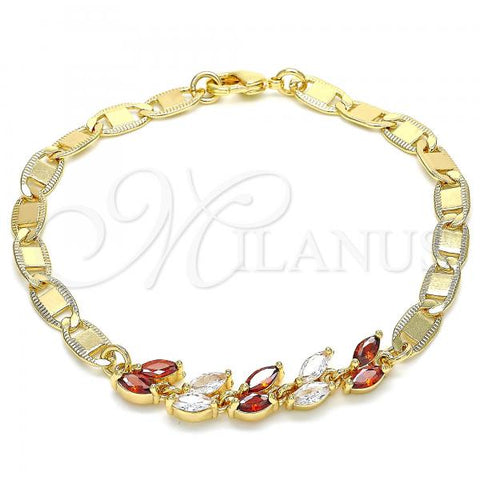 Oro Laminado Fancy Bracelet, Gold Filled Style Leaf Design, with Garnet and White Cubic Zirconia, Polished, Golden Finish, 03.63.2128.08