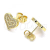 Oro Laminado Stud Earring, Gold Filled Style Heart and Love Design, with White Micro Pave, Polished, Golden Finish, 02.156.0626