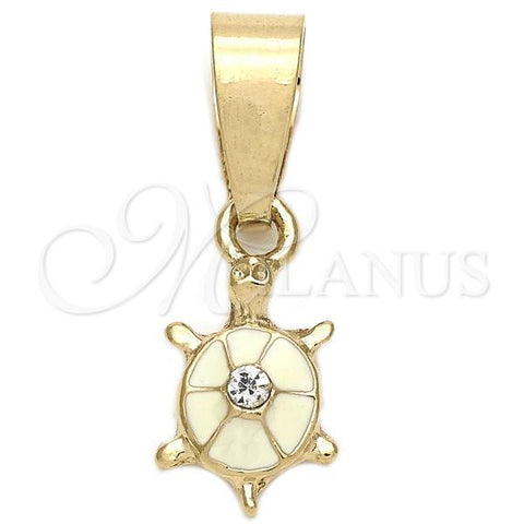 Oro Laminado Fancy Pendant, Gold Filled Style Turtle Design, with White Crystal, White Enamel Finish, Golden Finish, 05.163.0061