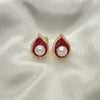 Oro Laminado Stud Earring, Gold Filled Style Teardrop Design, with Ivory Pearl, Red Enamel Finish, Golden Finish, 02.379.0027