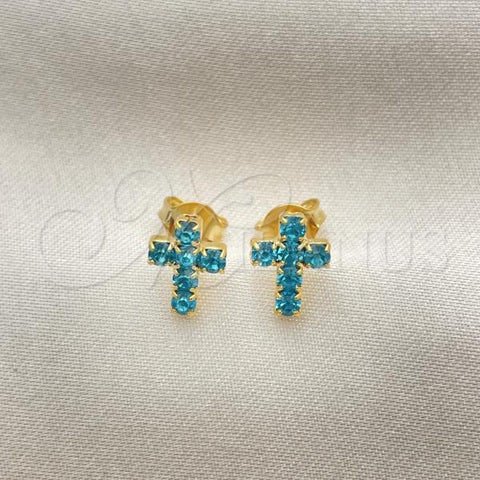 Oro Laminado Stud Earring, Gold Filled Style Cross Design, with Aqua Blue Cubic Zirconia, Polished, Golden Finish, 02.02.0523.3