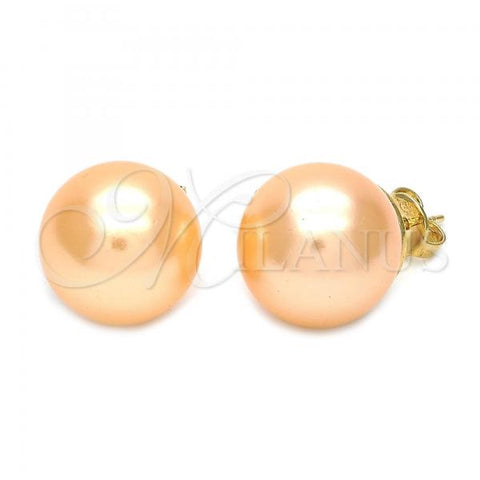 Oro Laminado Stud Earring, Gold Filled Style Ball Design, with Rose Pearl, Polished, Golden Finish, 02.63.2132