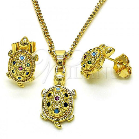 Oro Laminado Earring and Pendant Adult Set, Gold Filled Style Turtle Design, with Multicolor Cubic Zirconia, Polished, Golden Finish, 10.210.0164.1