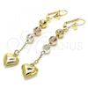 Oro Laminado Long Earring, Gold Filled Style Heart Design, Polished, Tricolor, 02.351.0062