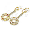 Oro Laminado Long Earring, Gold Filled Style Heart Design, with Garnet and White Cubic Zirconia, Polished, Golden Finish, 02.210.0203