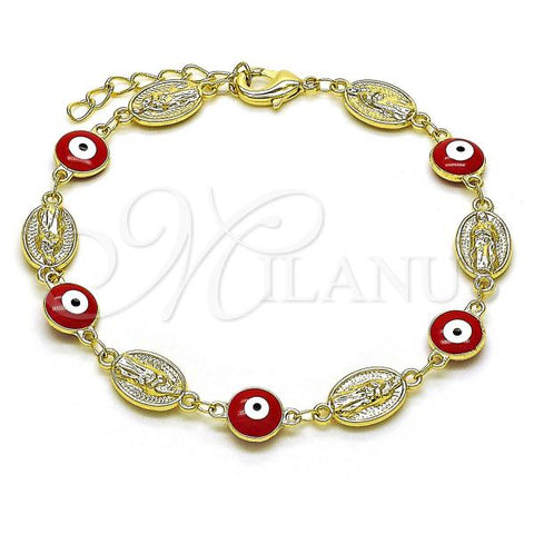 Oro Laminado Fancy Bracelet, Gold Filled Style Guadalupe and Evil Eye Design, Red Enamel Finish, Golden Finish, 03.213.0224.1.07