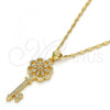 Oro Laminado Pendant Necklace, Gold Filled Style key and Flower Design, with White Micro Pave, Polished, Golden Finish, 04.156.0066.20