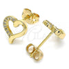 Oro Laminado Stud Earring, Gold Filled Style Heart Design, with White Micro Pave, Polished, Golden Finish, 02.342.0091