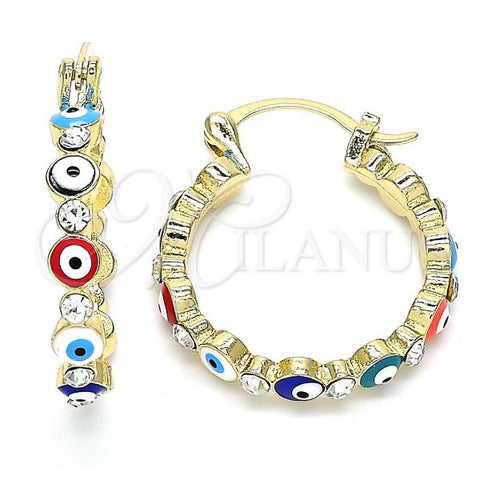 Oro Laminado Small Hoop, Gold Filled Style Evil Eye Design, with White Crystal, Multicolor Enamel Finish, Golden Finish, 02.213.0223.2.25