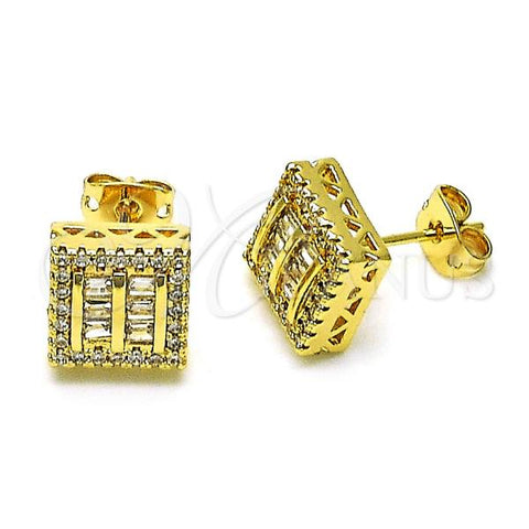 Oro Laminado Stud Earring, Gold Filled Style Baguette Design, with White Micro Pave and White Cubic Zirconia, Polished, Golden Finish, 02.342.0298
