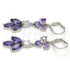 Rhodium Plated Long Earring, Leaf and Heart Design, with Amethyst and White Cubic Zirconia, Polished, Rhodium Finish, 02.205.0055.8