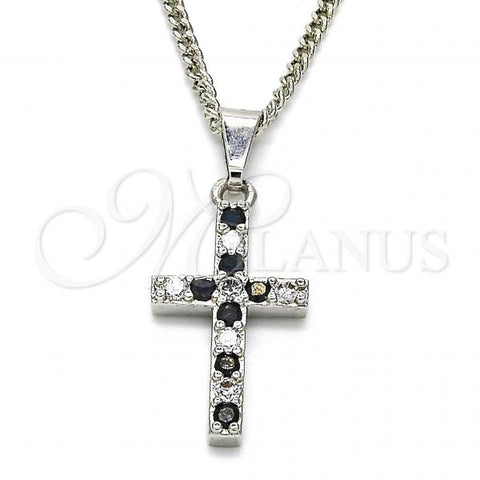 Rhodium Plated Pendant Necklace, Cross Design, with Black and White Cubic Zirconia, Polished, Rhodium Finish, 04.284.0007.6.22