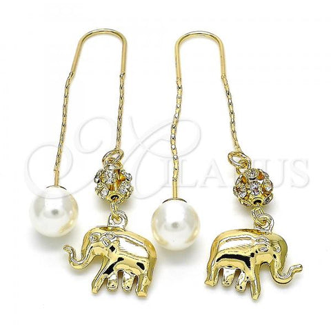 Oro Laminado Threader Earring, Gold Filled Style Elephant Design, with White Cubic Zirconia and Ivory Pearl, Polished, Golden Finish, 02.63.2689