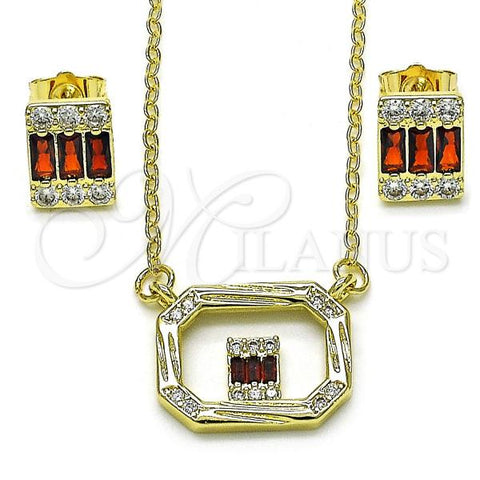 Oro Laminado Earring and Pendant Adult Set, Gold Filled Style Baguette Design, with Garnet and White Cubic Zirconia, Polished, Golden Finish, 10.196.0154.2