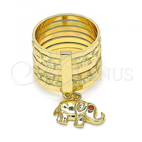 Oro Laminado Multi Stone Ring, Gold Filled Style Semanario and Elephant Design, with Garnet Cubic Zirconia, Diamond Cutting Finish, Golden Finish, 01.253.0032.1.07 (Size 7)