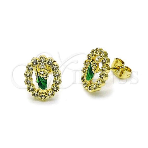 Oro Laminado Stud Earring, Gold Filled Style San Judas Design, with White Cubic Zirconia, Polished, Tricolor, 02.411.0055