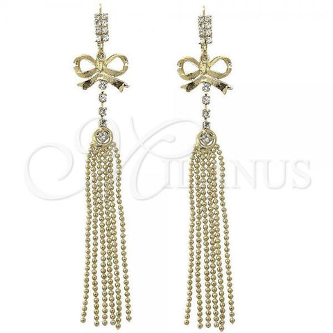 Oro Laminado Long Earring, Gold Filled Style Bow Design, with White Cubic Zirconia, Polished, Golden Finish, 5.066.004
