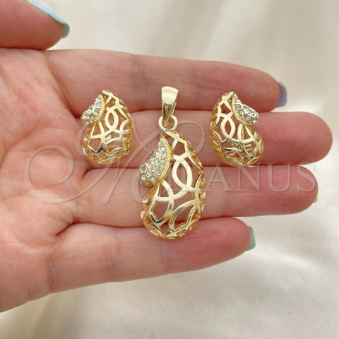 Oro Laminado Earring and Pendant Adult Set, Gold Filled Style Teardrop Design, with White Crystal, Polished, Golden Finish, 10.160.0038