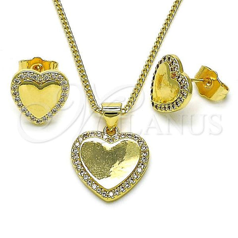 Oro Laminado Earring and Pendant Adult Set, Gold Filled Style Heart Design, with White Micro Pave, Polished, Golden Finish, 10.195.0070