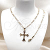 Oro Laminado Necklace and Bracelet, Gold Filled Style Cross and Figaro Design, Diamond Cutting Finish,, 06.63.0271