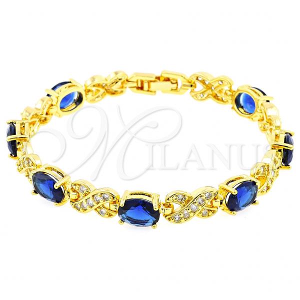 Oro Laminado Tennis Bracelet, Gold Filled Style Hugs and Kisses Design, with Sapphire Blue and White Cubic Zirconia, Polished, Golden Finish, 03.206.0001.1.07