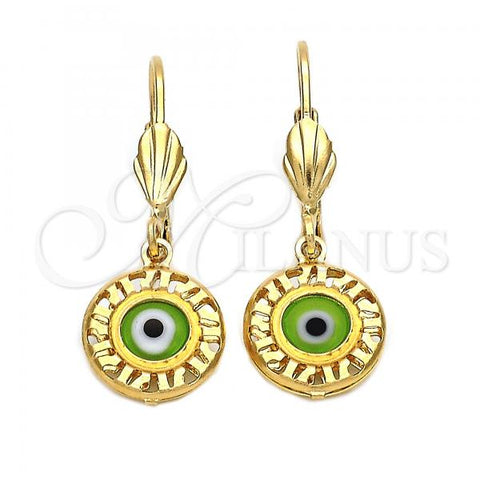 Oro Laminado Dangle Earring, Gold Filled Style Evil Eye Design, Green Resin Finish, Golden Finish, 5.039.015.1