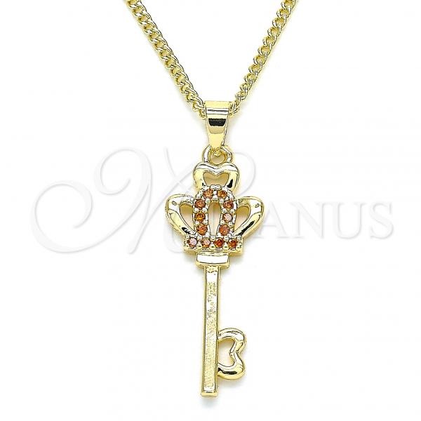 Oro Laminado Pendant Necklace, Gold Filled Style key and Crown Design, with Garnet Micro Pave, Polished, Golden Finish, 04.344.0014.1.20