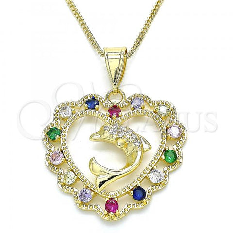 Oro Laminado Pendant Necklace, Gold Filled Style Heart and Dolphin Design, with Multicolor Cubic Zirconia and White Micro Pave, Polished, Golden Finish, 04.253.0018.20