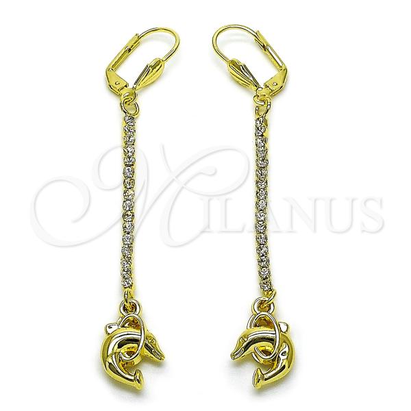 Oro Laminado Long Earring, Gold Filled Style Dolphin Design, with White Cubic Zirconia, Polished, Golden Finish, 5.089.008